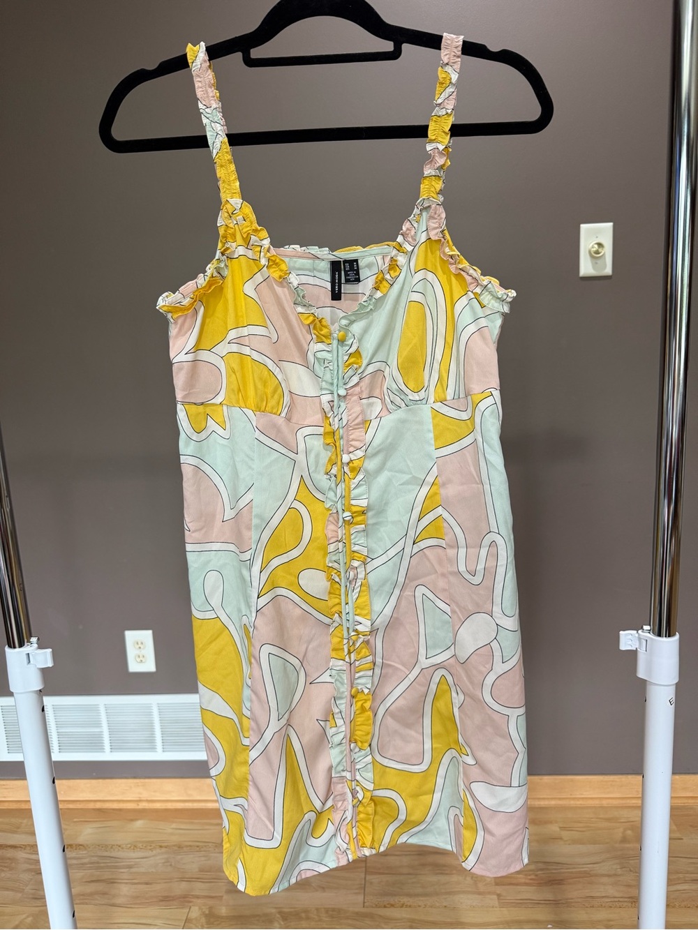 Vero Moda Abstract Ruffle-Trim Mini Dress in Yellow, Pink & Mint